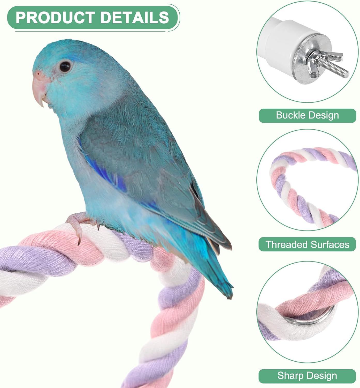 1-Set Rope Perches for Bird Cages, 13.8 & 31.5 in Length Comfort Grip Flexible Rope Perch Beak & Paw Grinding for Parrots/Cockatiels/Parakeets, Bird Platform Sand [Pink Purple]