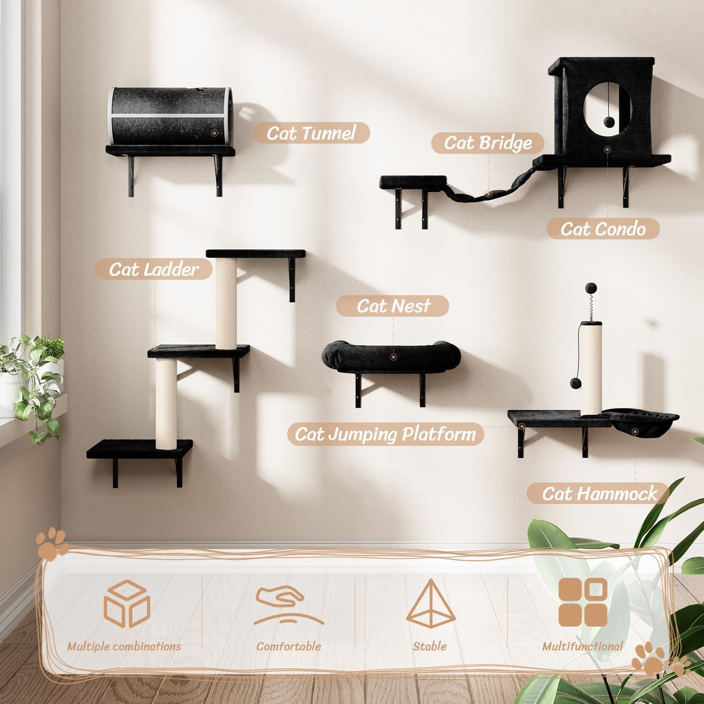 NUNU LAB Cat Wall Shelves Set, 7 Pcs Wall-Mounted Cat Climber with Cat House, Tunnel, Bridge, Scratching Post, Hammock, Wall Shelves, Black