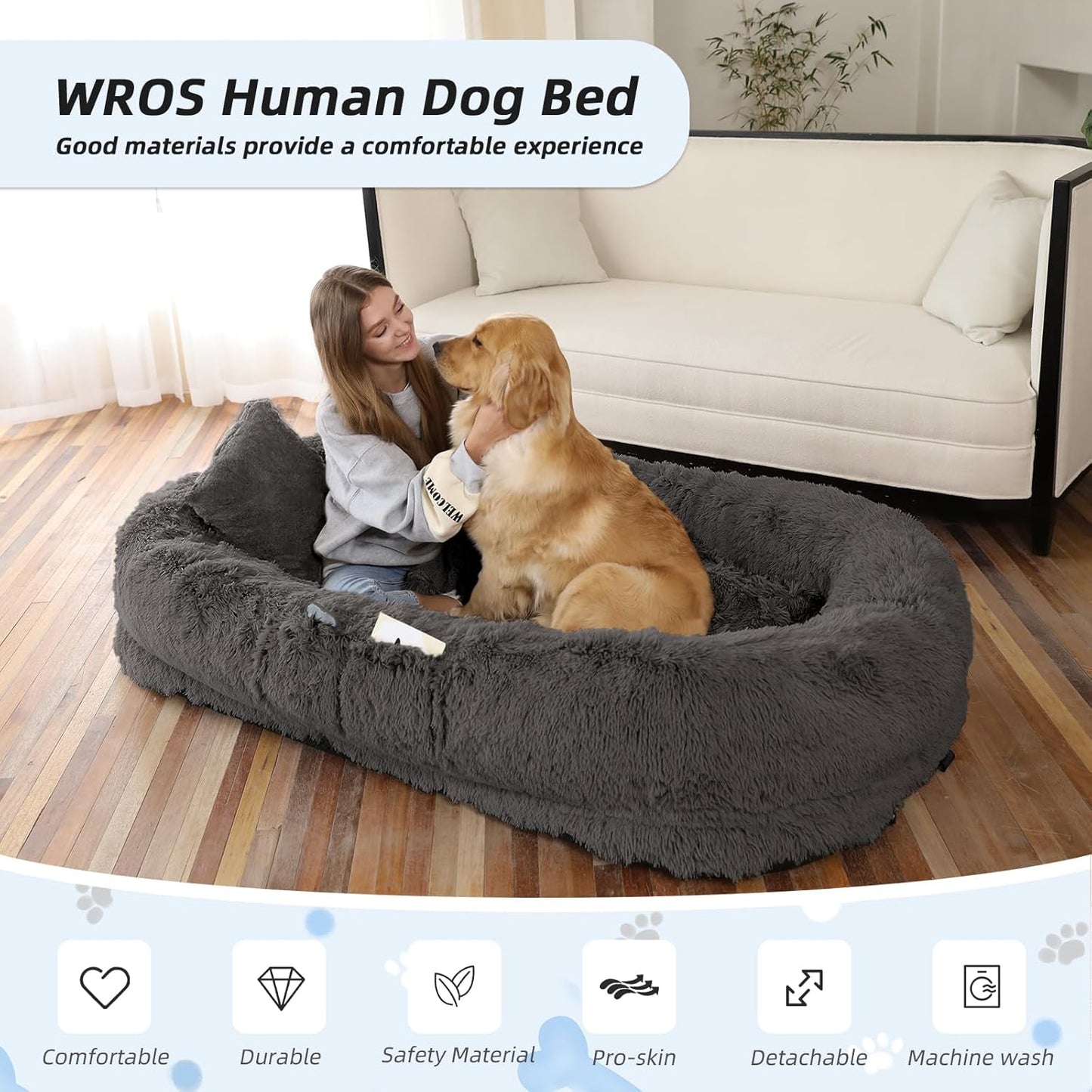 Human Dog Bed, 71''x45''x12'' Size Fits You and Pets, Washable Faux Fur Pet Bed for People Doze Off, Napping Orthopedic Dog Bed, Present Plump Pillow, Blanket, Strap - Dark Grey