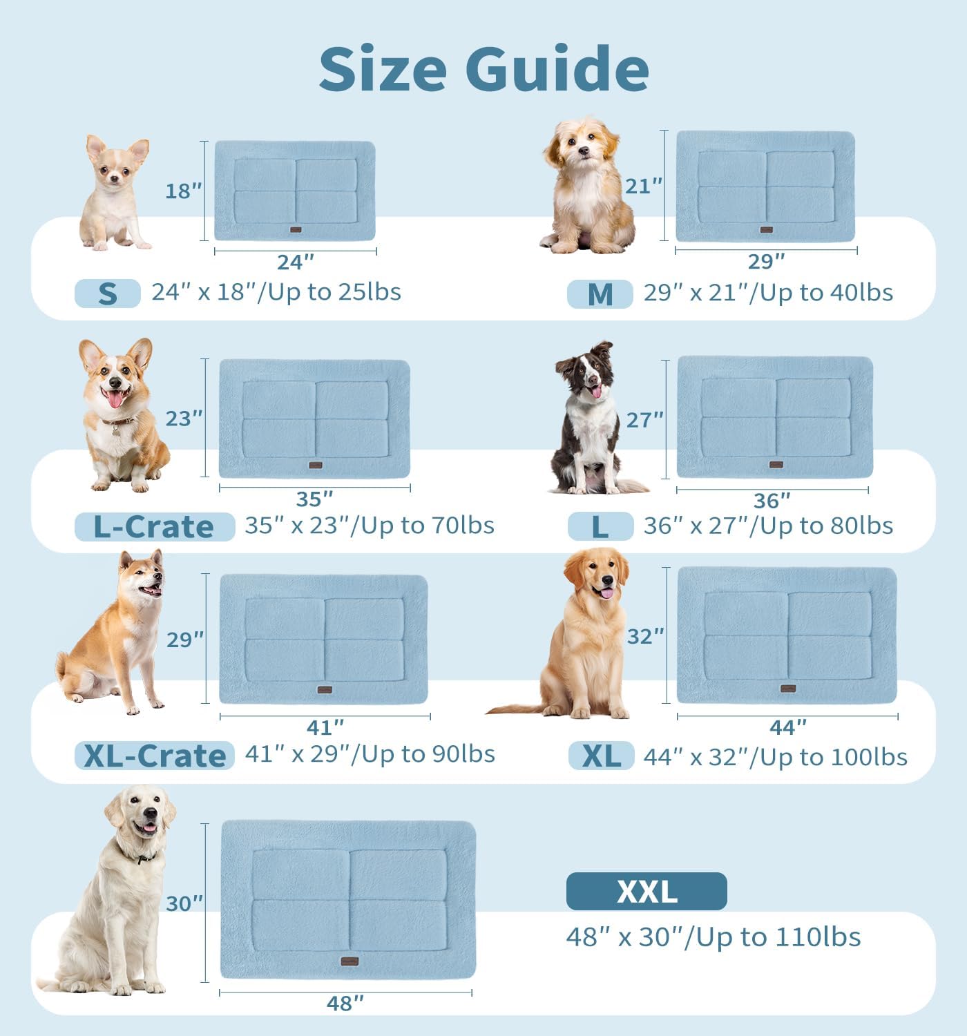 Made4Pets Dog Crate Pad Bed for Large Dogs, Washable & Reversible, Anti-Slip Kennel Mat for Cozy Sleeping, Soft Fluffy Dog Bed for Indoor & Outdoor Use, 41"x29", Blue