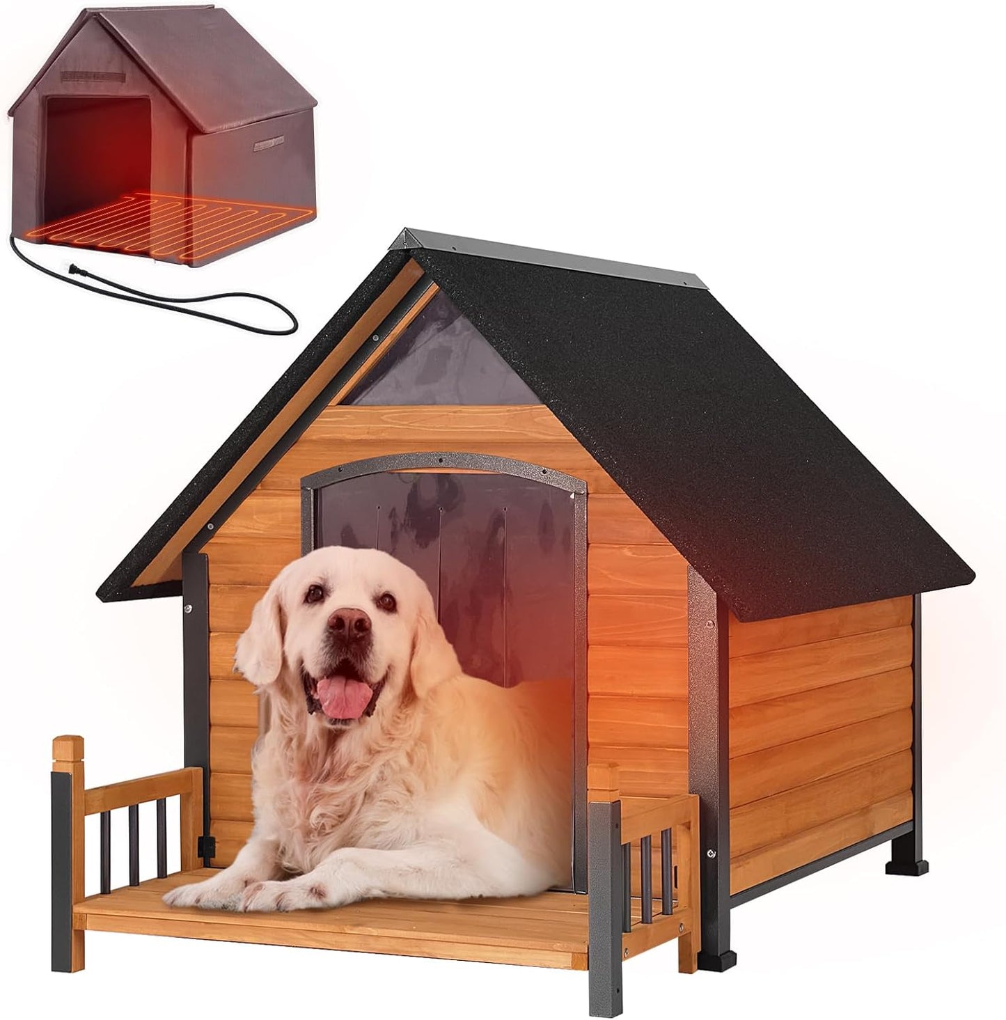 Outdoor Heated Dog House with All-Around Insulated Liner Weatherproof Puppy Shelter Indoor Dog Kennel, Anti-Bite Dog Home for Large Breed with Porch (Brown-2, 50.8" D x 37.4" W x 37.2" H)
