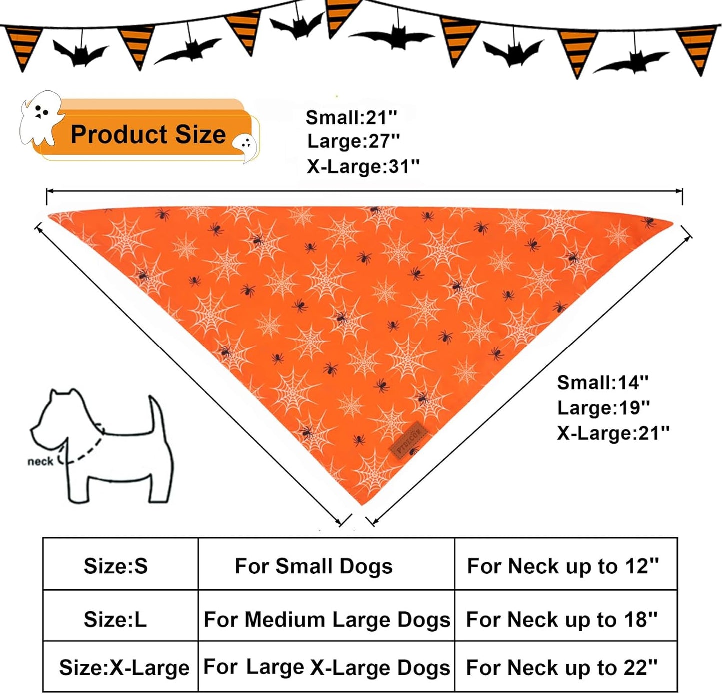 PTDECOR Halloween Dog Bandana, Reversible Holiday Pet Puppy Scarf, Multi Size, Triangle Halloween Bandanas for Extra Large Dogs Pets (Orange, X-Large)