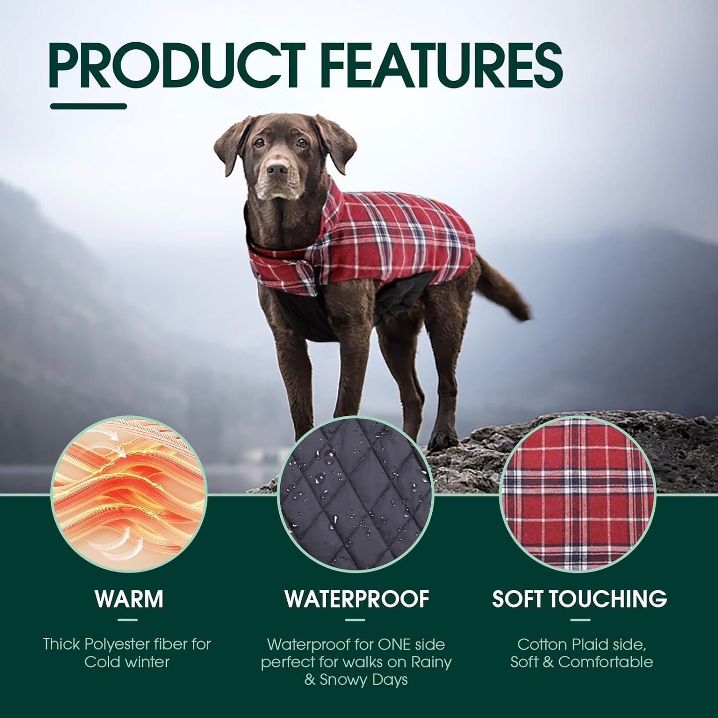 Kuoser Warm Dog Coat, Waterproof Dog Jacket for Extra Large Dogs, Adjustable Durable XXXL Doggie Winter Coat Reversible Puppy Cold Weather Apparel for Large Breed, Red 3XL