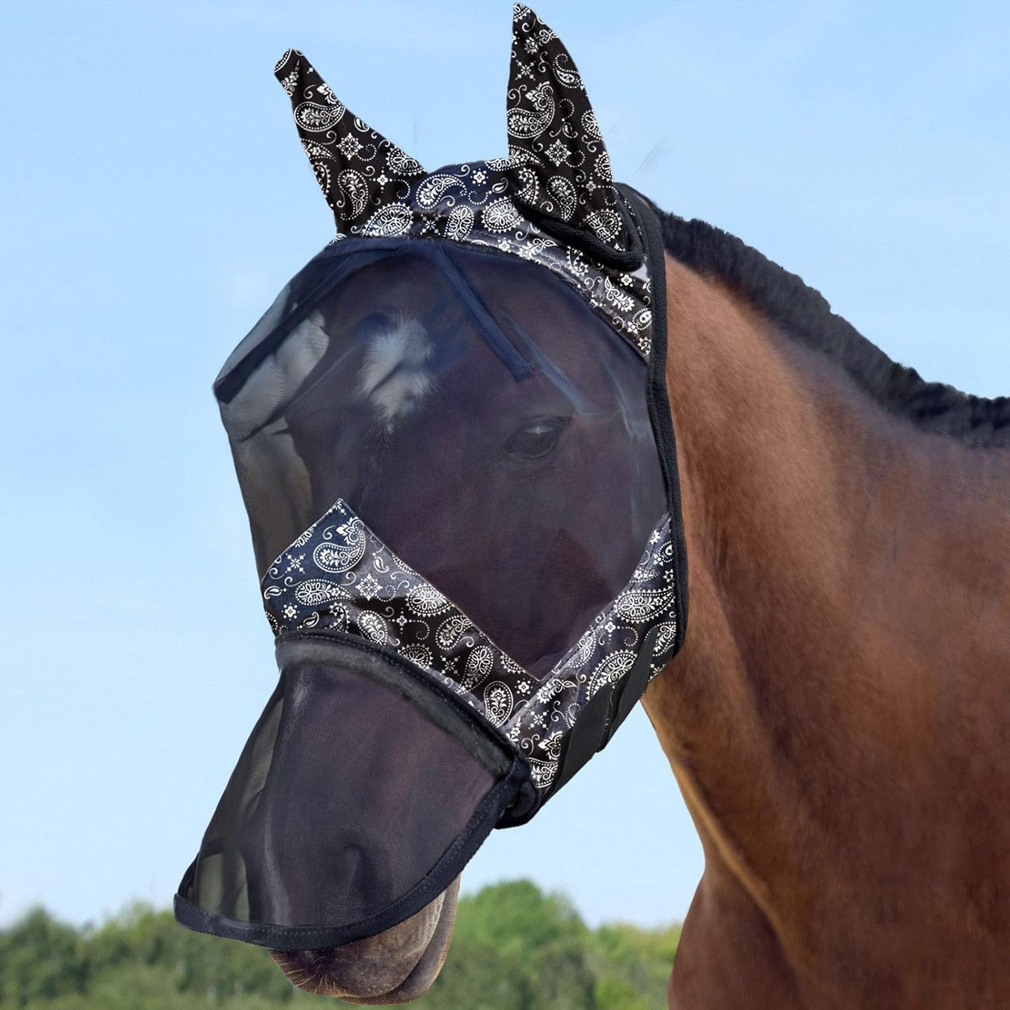 Harrison Howard LumiVista Horse Fly Mask Long Nose with Ears UV Protection for Horse Pine Cones L Full Size
