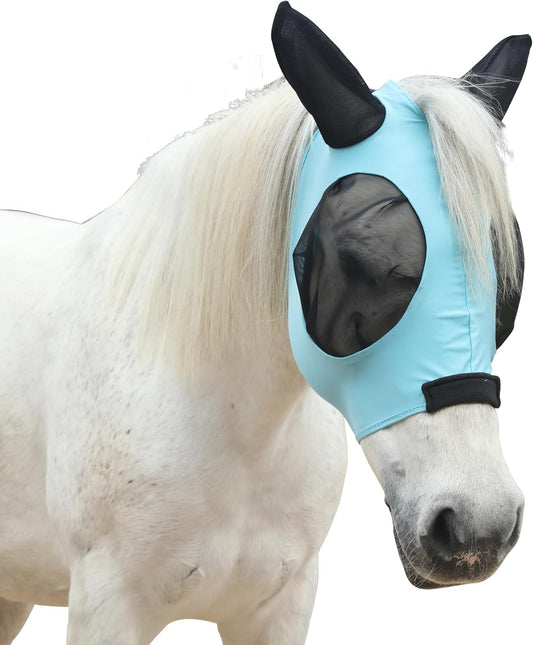 Stretchy Horse Fly Mask with Ears, Soft Lycra Equine Mesh Mask with UV Protection Face Cover, Pacific Blue, Full