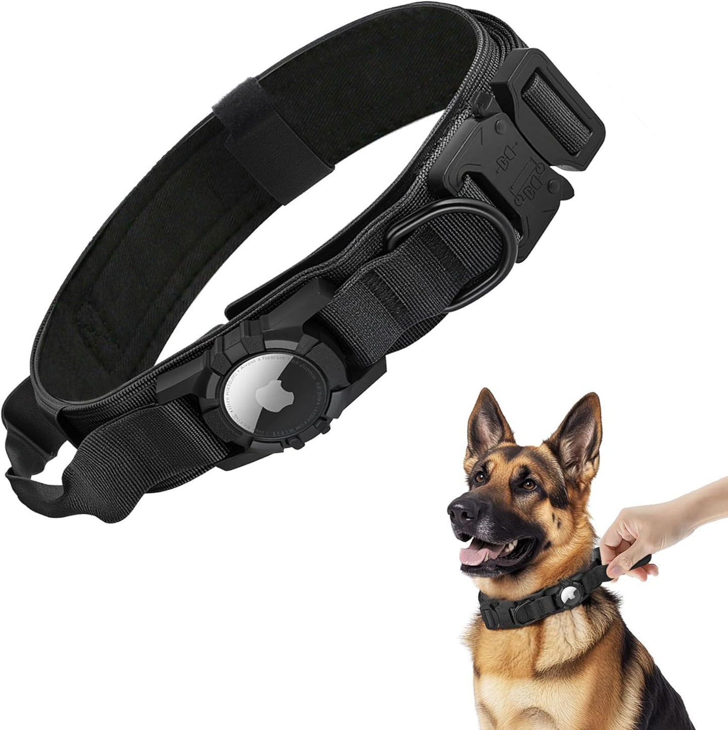 Tactical AirTag Dog Collar - Heavy Duty, Adjustable GPS Collar Compatible with Apple AirTag, with Holder & Control Handle for Medium/Large Dogs [ Black, XL ]