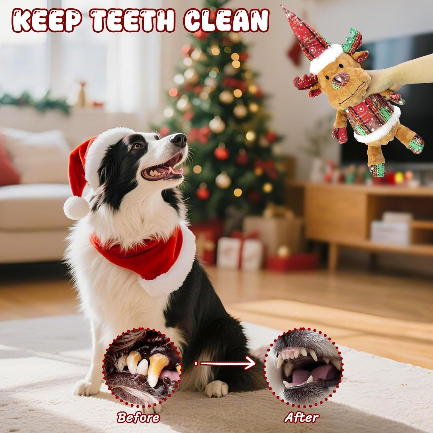 Christmas Dog Toys Squeaky 2-Pack Interactive Puppy Teething Chew Toy Deer Snowman Shape with Crinkle Sound Paper Tail Stuffed,Keep Them Busy, for Large Medium Small Breeds