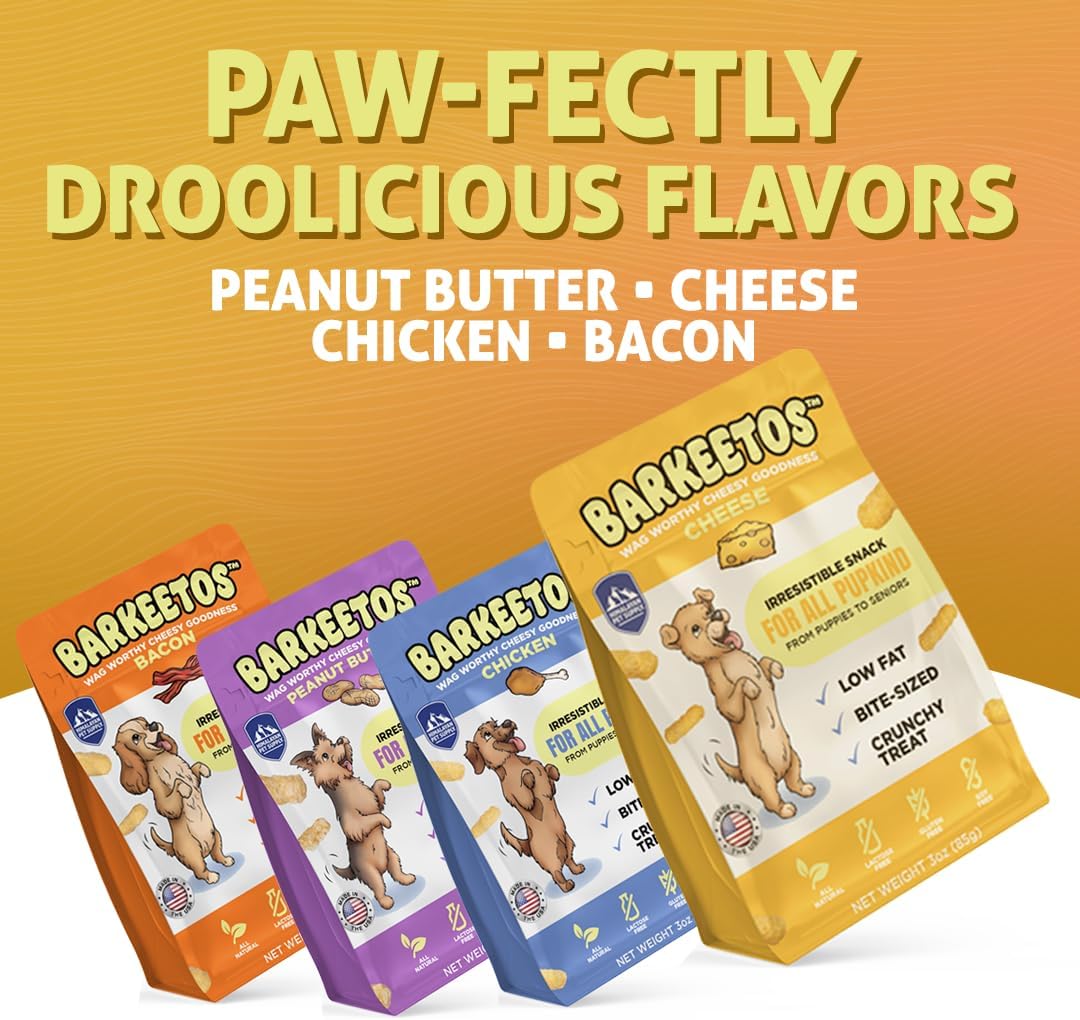 Barkeetos Dog Treats Variety Pack – Peanut Butter, Bacon, Cheese & Chicken – Crunchy Cheesy Snacks with Real Himalayan Cheese – Grain Free, Gluten Free, Lactose Free – for All Breeds - 4 Pack