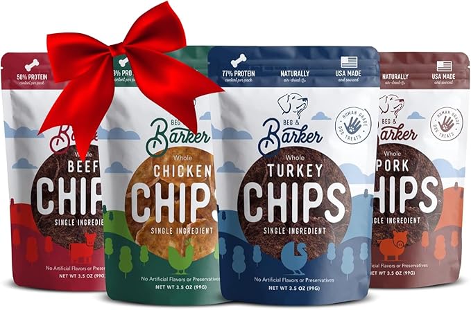 Beg & Barker Jerky Chips for Dogs Variety (3.5oz, Pack of 4) - Single Ingredient Dog Treats Made for Small and Large Dogs Protein Human Grade Dog Treats Made from Real Meat, Made in USA