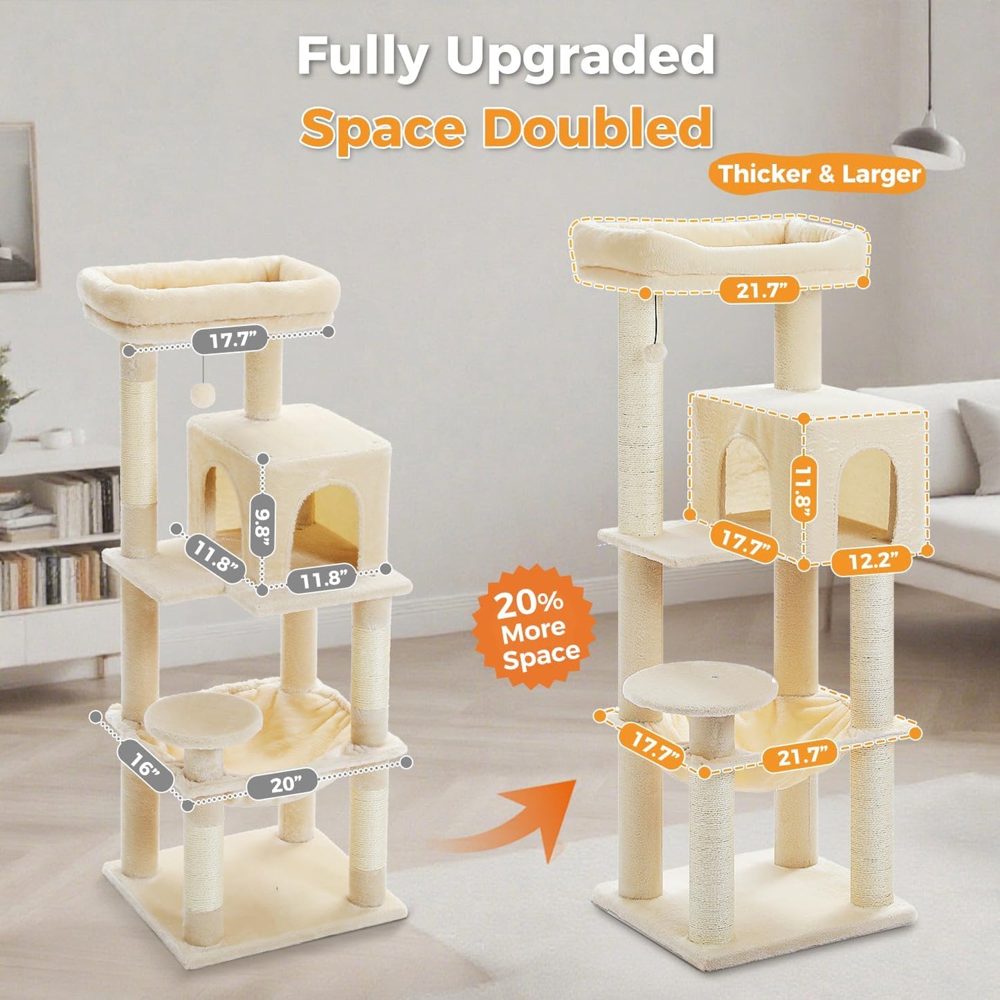 Large Cat Tree with Reinforced Scratching Posts (φ3.1in) for Big Adult Cats 30 lbs, 57.8" Heavy Duty Cat Tower with Larger Hammock and Condo, Cat Furniture for Maine Coon, Plush,Beige