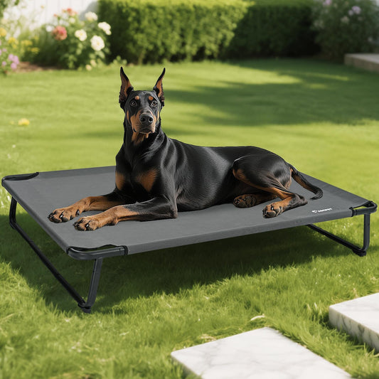 Elevated Dog Bed, Outdoor Dog Bed Raised Bed Cooling Waterproof Pet Beds Cots Stable and Easy Assembly, Teslin Fabric with 1.2mm Thick Iron Frame, Breathable, Ultra-Sturdy，Grey, 48 * 32 * 8.7