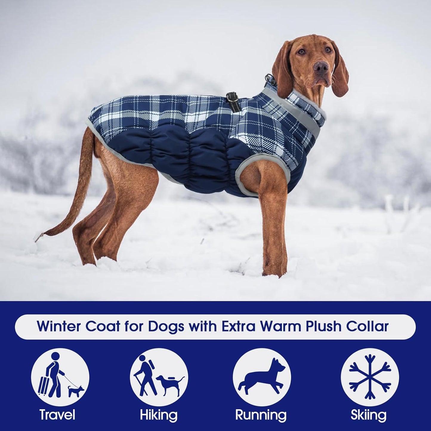 FUAMEY Dog Coat for Medium Dogs,Waterproof Dog Winter Jacket with Harness Built in Puppy Cold Weather Coats Reflective Pet Vest with Zipper Warm Fleece Dogs Snowsuit Windproof Blue Plaid M