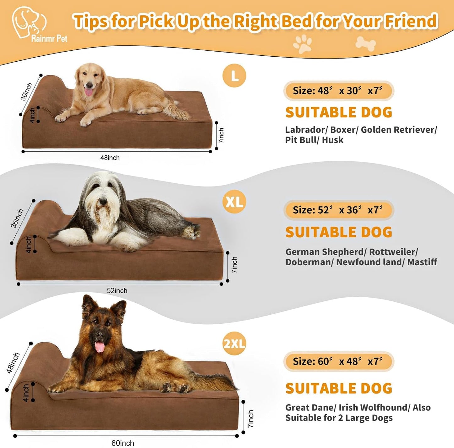 Large Orthopedic Dog Bed, 7" Memory Foam with Waterproof Liner, Chew Resistant Microsuede Cover, Removable and Washable, for Indoor, Outdoor, and Car Use, Nonskid Base, 60"x48" XXL Brown