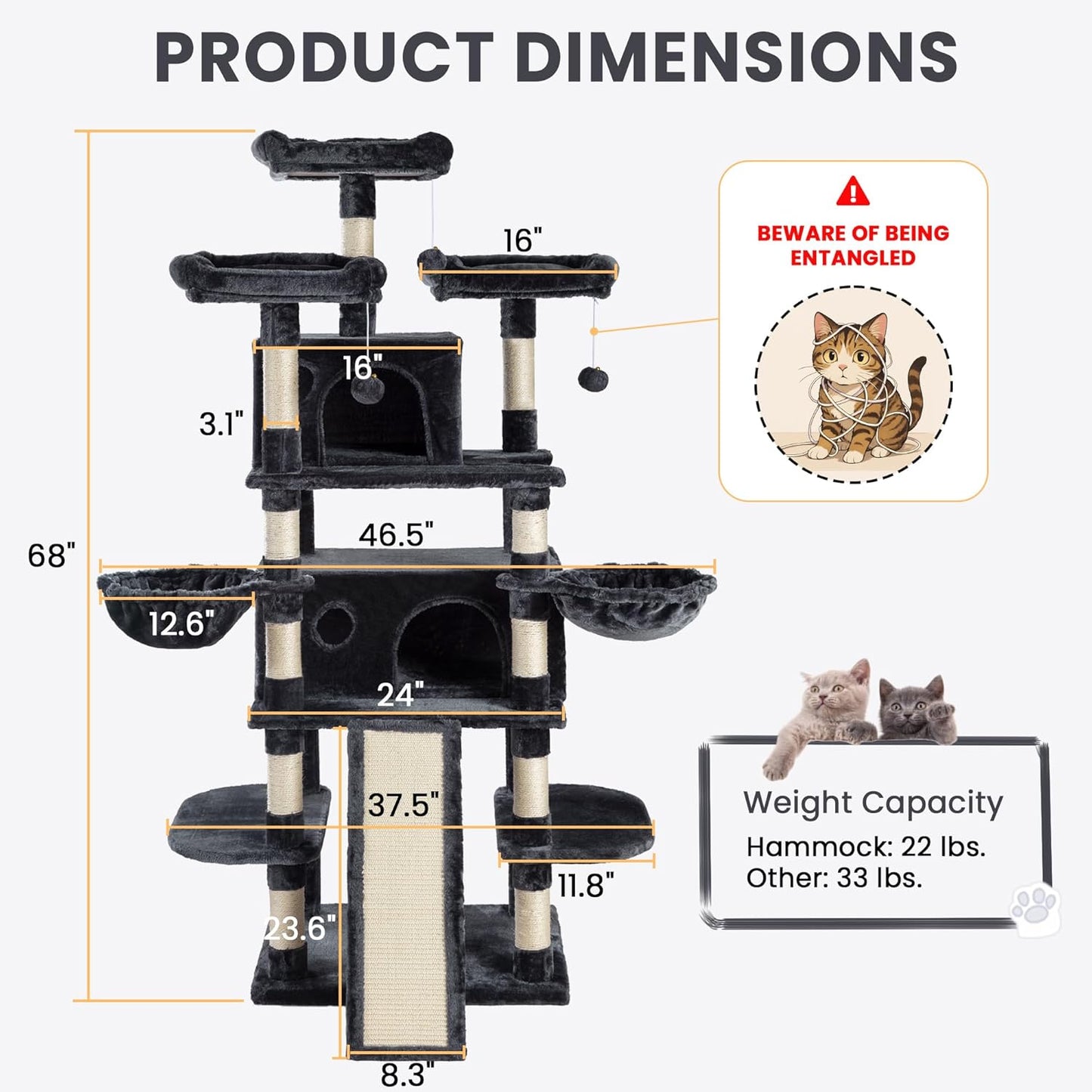 SHA CERLIN 68 Inches Multi-Level Large Cat Tree for Large Kitties/Big Cat Tower with Condo/Cozy Plush ‌Pussycat Perches/Sisal Scratching Posts and Hammocks/Activity Center/Dark Grey