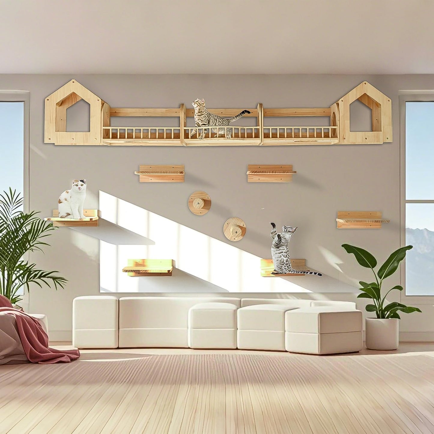 Cat Wall Shelves and Furniture Set with Condos, Perches, Bridge Ladders, Sisal Scratching Posts - Steps and Houses for Cats (D)