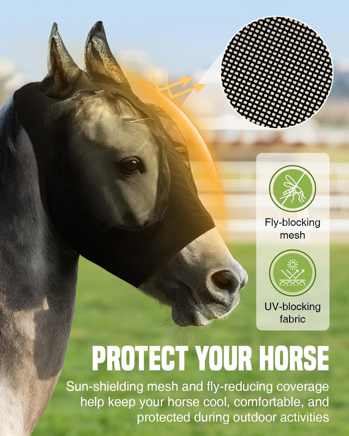 JWODVNTH Fly Masks for Horses with Ears - Large Eye Space, Comfort, UV-Block - Horse Fly Mask for Daily Stable, Hot Weather Riding, and Competition - X-Full, Black