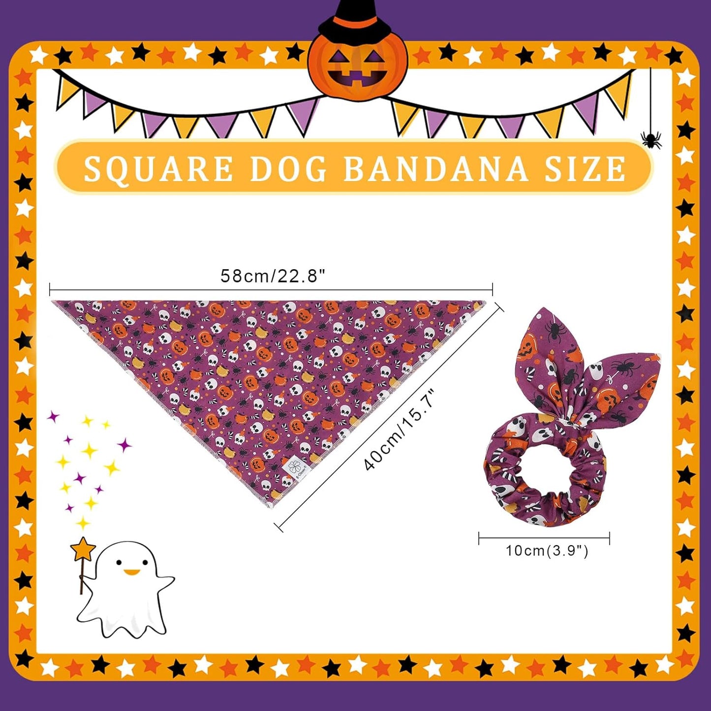 E-Clover Halloween Dog Bandanas & Matching Scrunchie Set Girl Cute Pumpkin Dog Scarf Bibs Pet Bandana with Bow Tie for Small Dogs Puppy Owner Mom Purple Orange