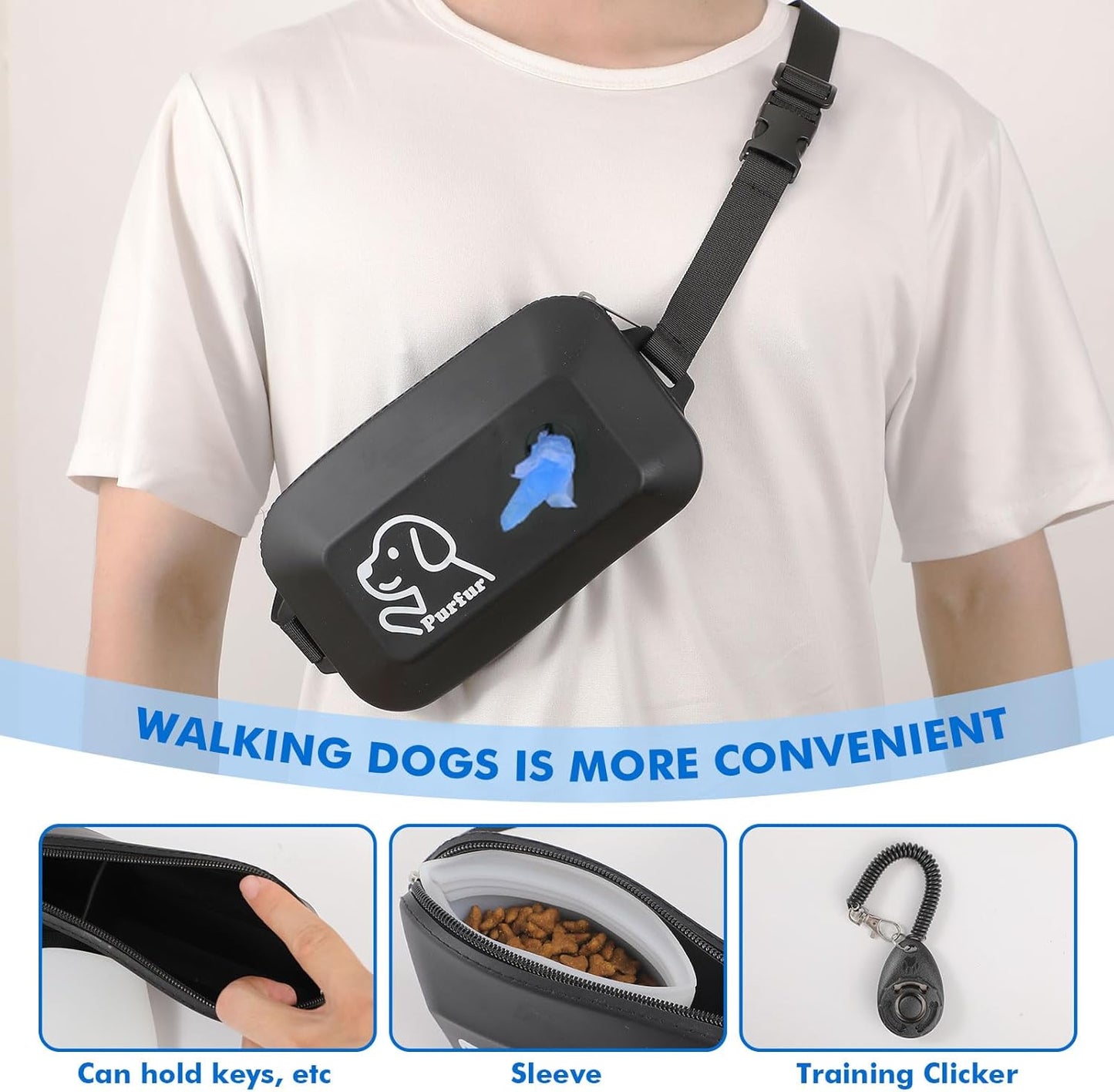 Dog Treat Pouch with Clicker & Poop Bag Holder – Waterproof Silicone, Adjustable Waist Belt for Training & Walking – Puppy Treat Pouch for Pet Training (Black)