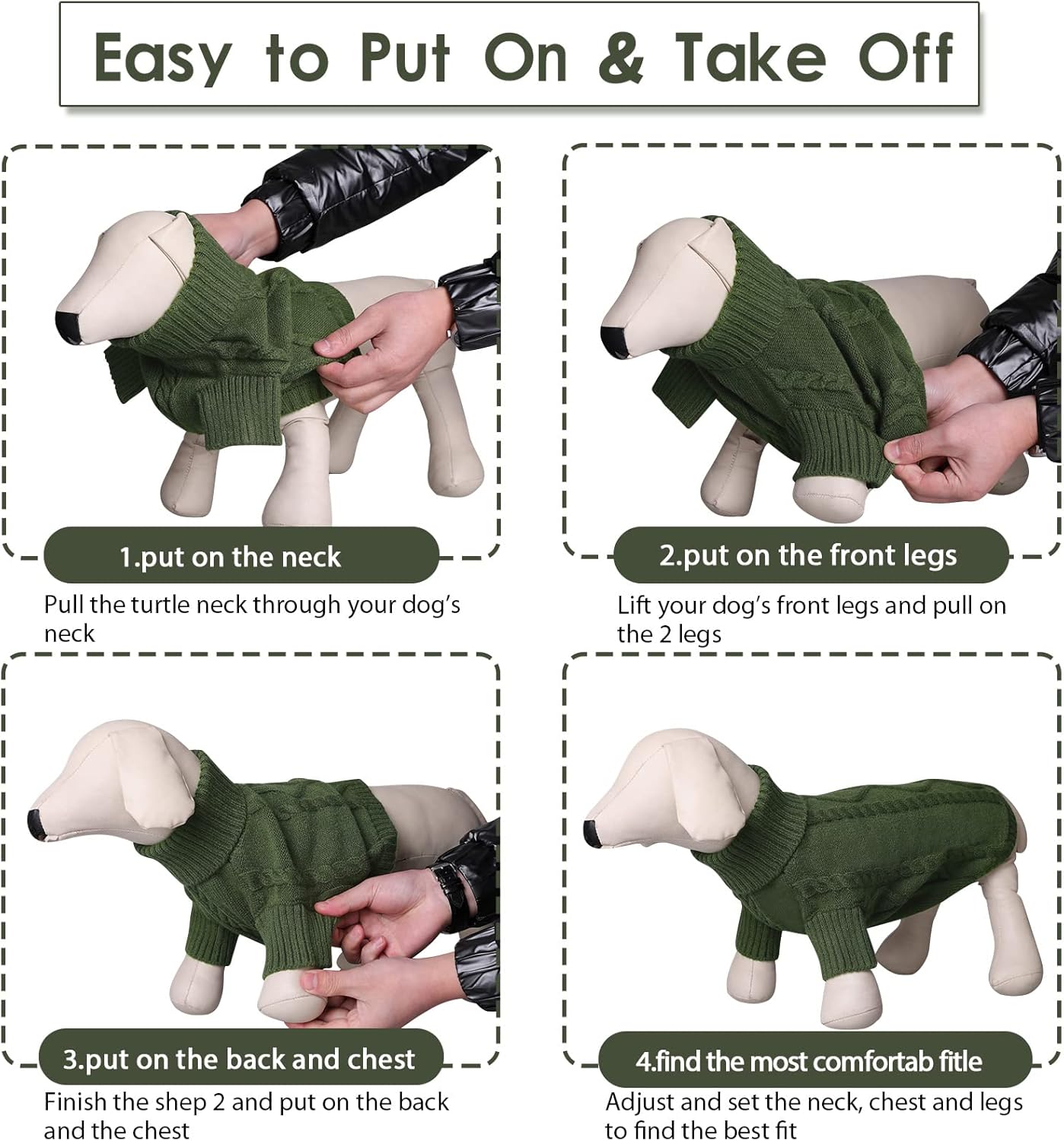 Queenmore Small Dog Pullover Sweater, Cold Weather Cable Knitwear, Classic Turtleneck Thick Warm Clothes for Chihuahua, Bulldog, Dachshund, Pug (Army Green, X-Small)