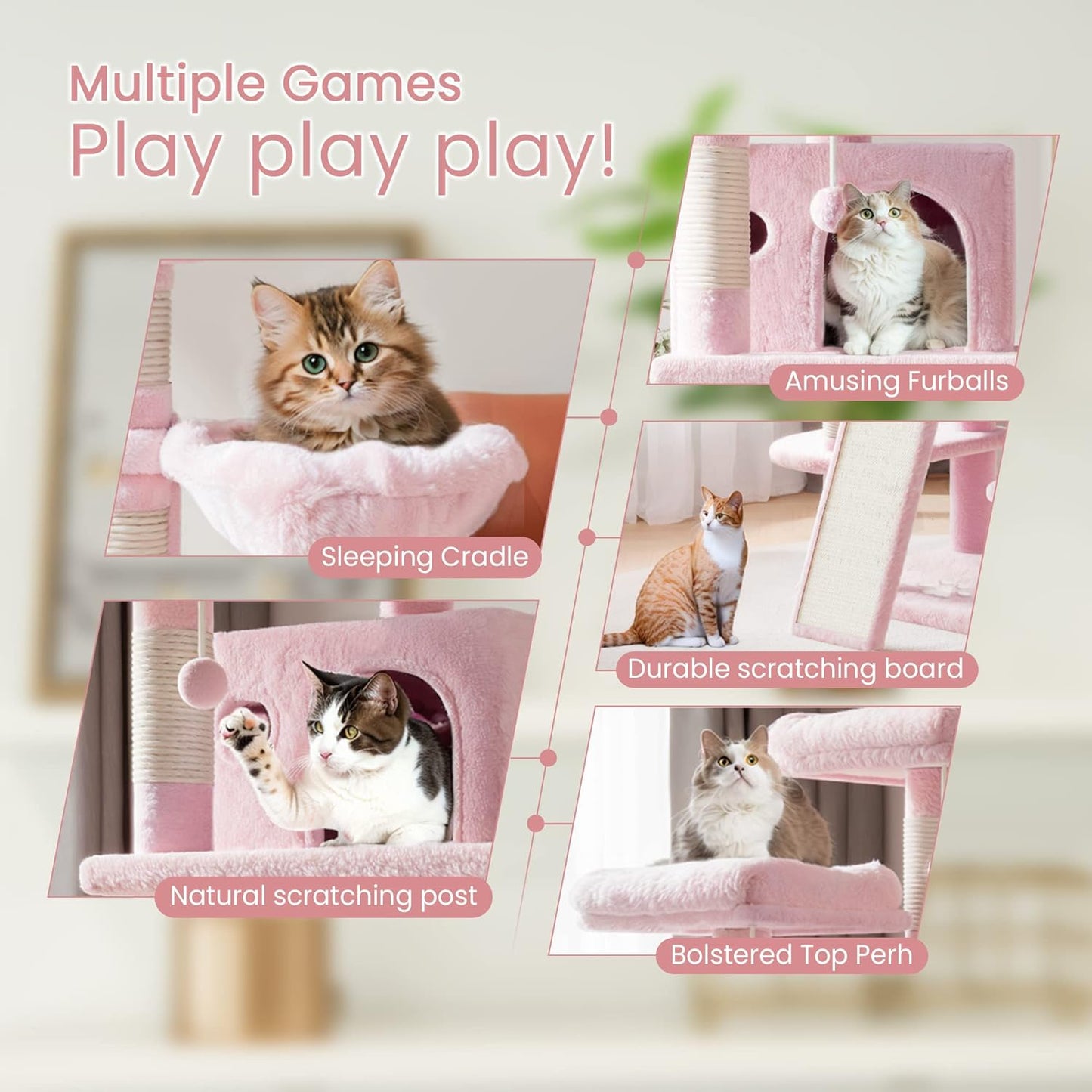 SHA CERLIN 68 Inches Multi-Level Large Cat Tree for Large Kitties/Big Cat Tower with Condo/Cozy Plush ‌Pussycat Perches/Sisal Scratching Posts and Hammocks/Activity Center/Pink