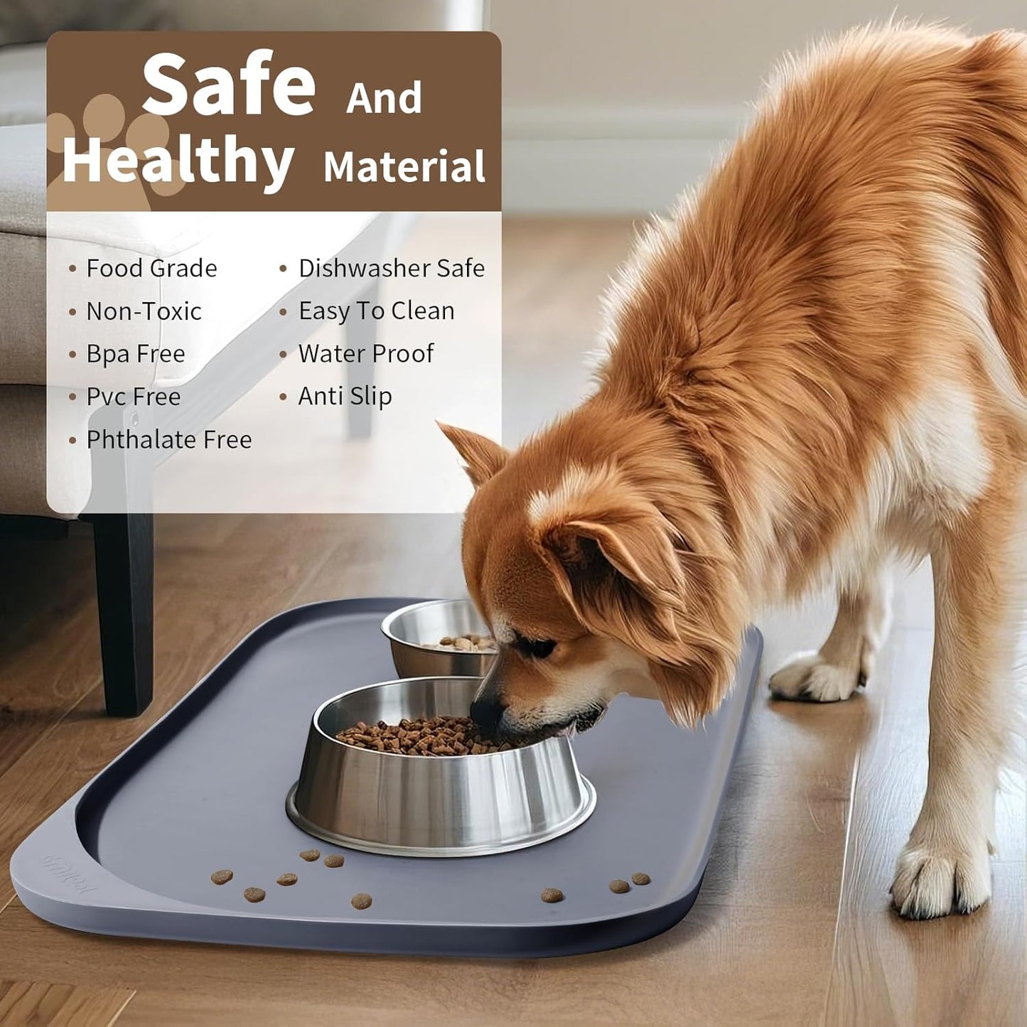 Silicone Pet Feeding Mat with Raised Edge & Residue Collection Pocket for Food and Water, Dog Bowl Mats, Cat Bowls Placemat with High Lip for Floor Waterproof, 19 x 12 x 0.7 Light Gray