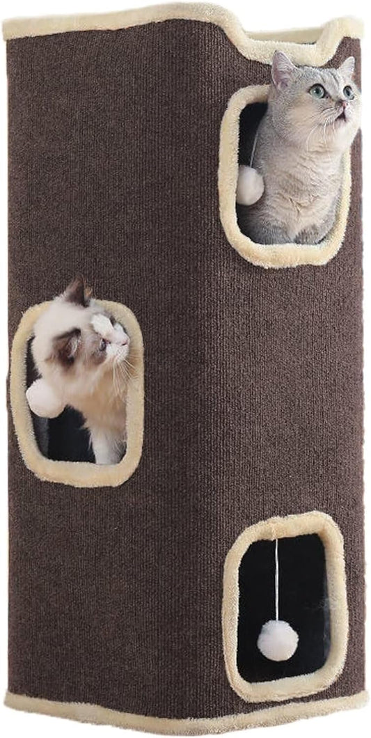 Empet Cat House for Indoor Cats Beds, Multi-Level Cat Condo, Foldable Cave Bed Brown, (3-Level)