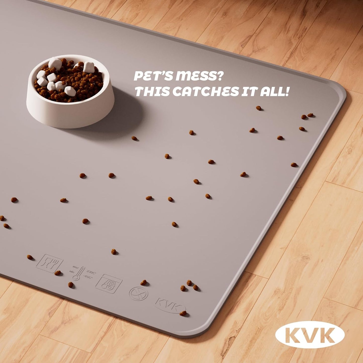 KVK Dog Food Mat, 39.4×29.5in Extra Large Silicone Pet Feeding Mat - Waterproof, Non - Slip, Chew - Resistant for Food & Water, Protect Floors (Light Gray)