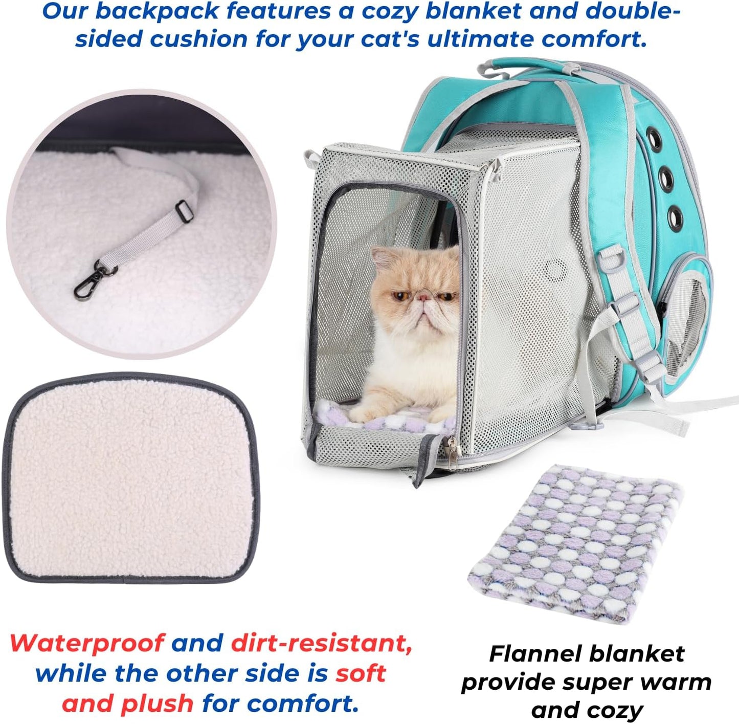 Lollimeow Cat Carrier Backpack, Bubble Expandable Backpack Carrier, Pets and Small Dogs,Airline-Approved, Designed for Travel, Hiking, Walking & Outdoor Use (Square Back Expandable-Green)