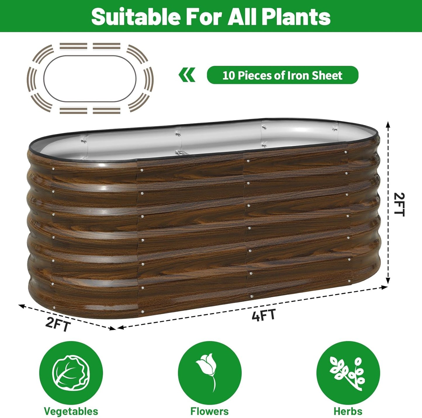 SnugNiture Galvanized Steel Raised Garden Bed, 4x2x2 ft, Outdoor Oval Deep Root Planter Box for Growing Vegetables, Flowers and Fruits