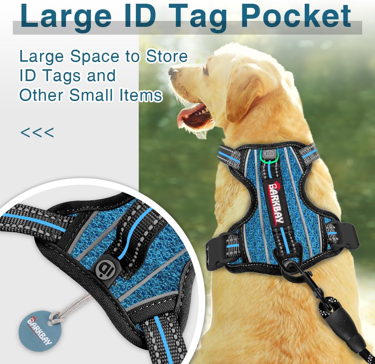 BARKBAY Dog Harness No Pull with ID Tag Pocket - Heavy Duty, Reflective, Easy Control for Large Dogs(Blue/Black,L)