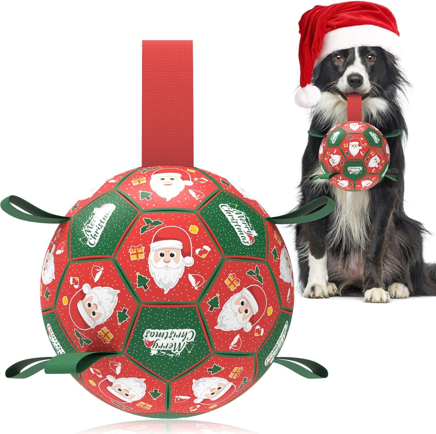 QDAN Christmas Dog Balls with Straps, Soccer Ball for Dogs for Small Medium Pet, Interactive Rope Toys, Puppy Birthday Gifts (6 Inch)