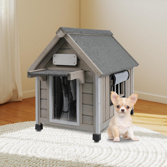 Outdoor Dog House Weatherproof Large Wooden Dog Kennel Indoor for Small Dogs with Chew-Proof Frame, Oxford Fabric Window, Removable Floor Pet Shelter (Grey, 18.1" D x 25.2" W x 24" H)