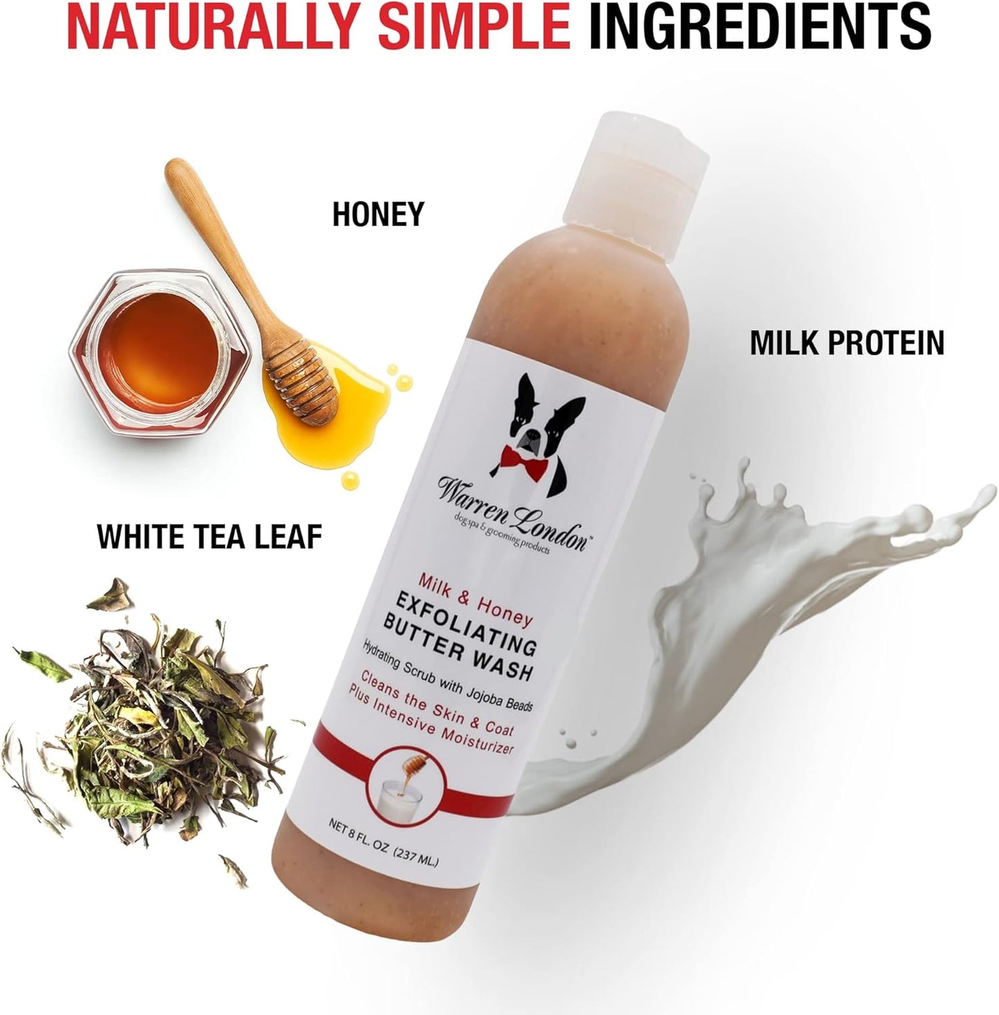 Warren London Exfoliating Butter Wash – Milk & Honey Dog Shampoo, 8 oz | Cleans, Exfoliates & Deep-Conditions in One | Jojoba Beads Remove Dandruff & Itch | Non-Oily Shine | Made in USA