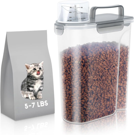 5-7Lbs Cat Dog Storage Container, Portable Pet Food Containers with Upgraded Large Spout and Cup, Small Animal Kibble Dispenser for Bird Seed, Oatmeal, Rice, Flour (1, Clear Gray, 5L)