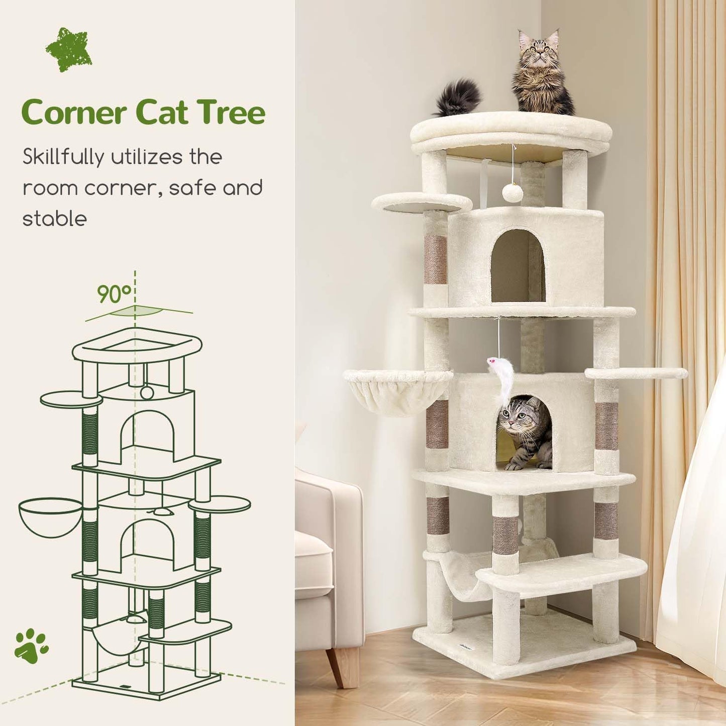Globlazer Corner Cat Tree Tower for Large Cat, 66inch Tall Large Cat Tree Condo for Multiple Indoor Cats with 6 Scratching Posts, 2 Spacious Cat Condos, Soft Hammock, Hanging Basket, C66, Light Beige