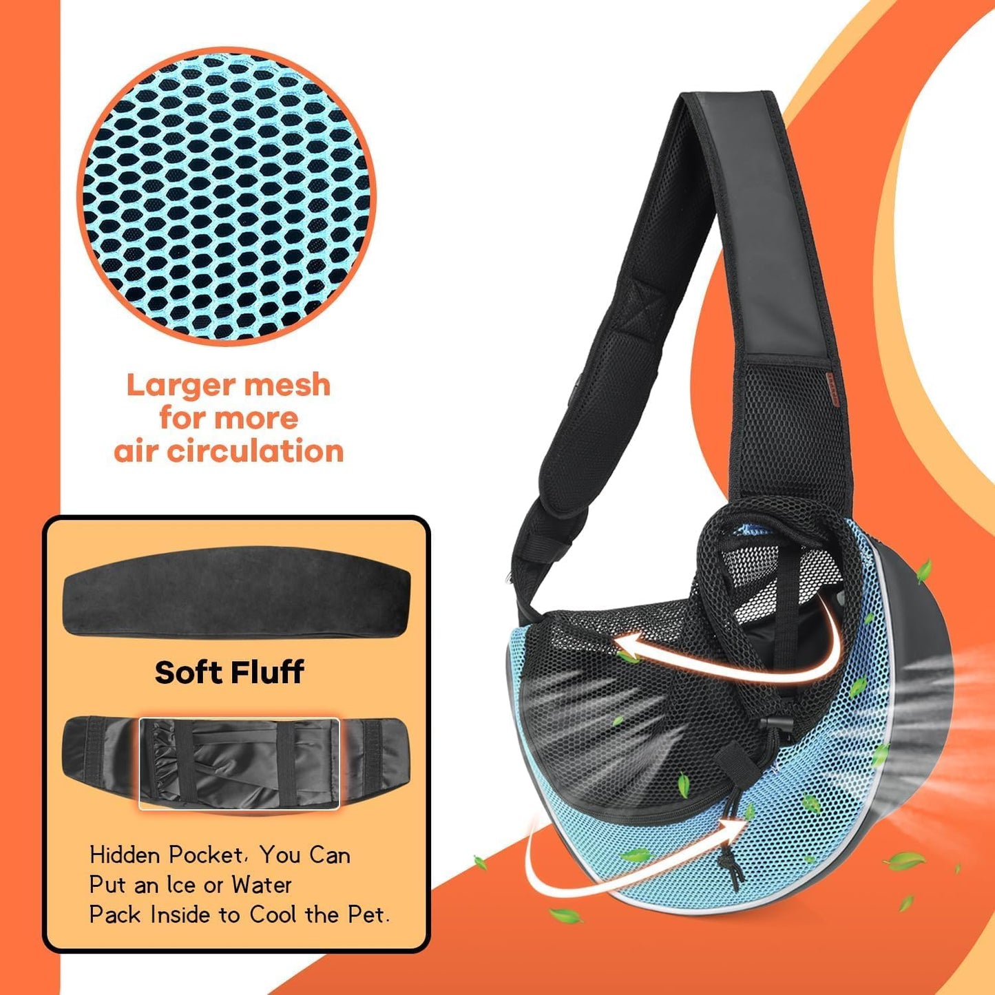 YUDODO Pet Sling Carrier for Small Dogs & Cats – Hands-Free Puppy Carrier with Safety Hook, Large Zipper Pocket, Soft Breathable Mesh, Adjustable Strap & Reflective Strip (Cyan 3.0 M)