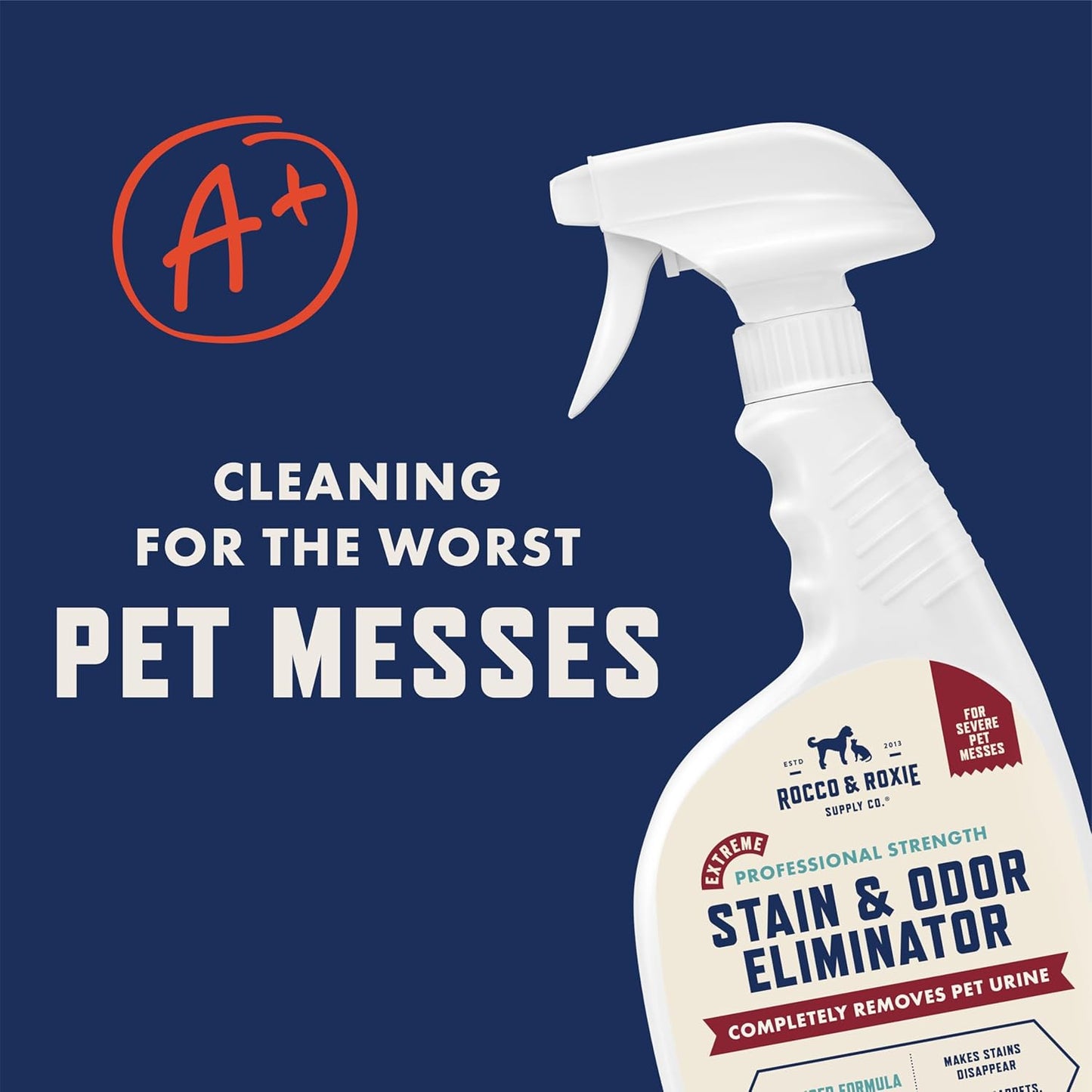 Rocco & Roxie Extreme Stain & Odor Eliminator for Strong Odor, Pet Urine Enzyme Cleaner Destroyer, Stain Remover for Dog Poop and Cat Pee, Enzymatic Carpet Cleaner Spray For Home, Puppy Potty Training