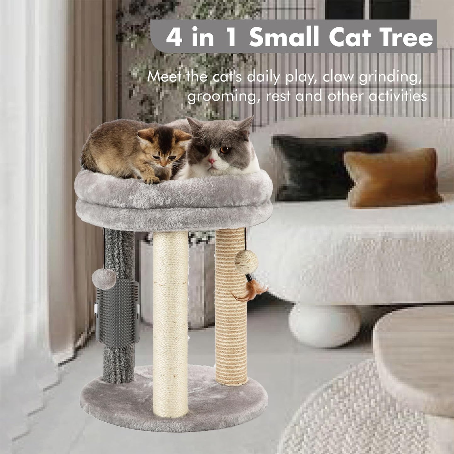 MECOOL 4in1 Small Cat Tree,Scratching Post with Tower Soft Bed, Sisal Carpet Jute Posts with Three Hanging Ball Toys and Massage Brush for Indoor Cats and Kittens