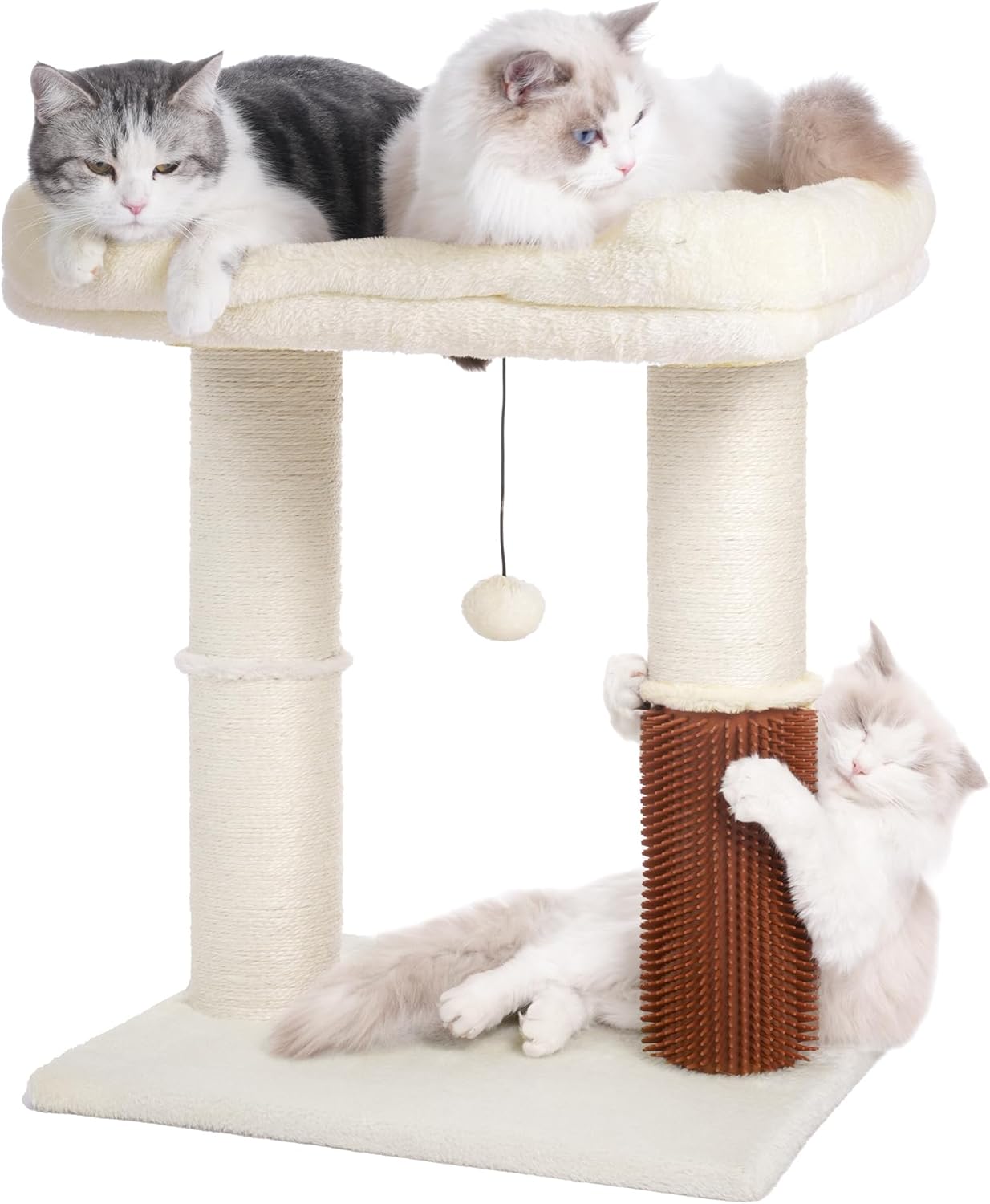 Cat Tree Tower for Large Cats Cat Scratching Post with Cat Self Groomer, 20x15.7” Wide Top Bed, Thick Scratch Post [Dia=4.5”] and Danging Ball Great for Indoor Cats-Large Beige