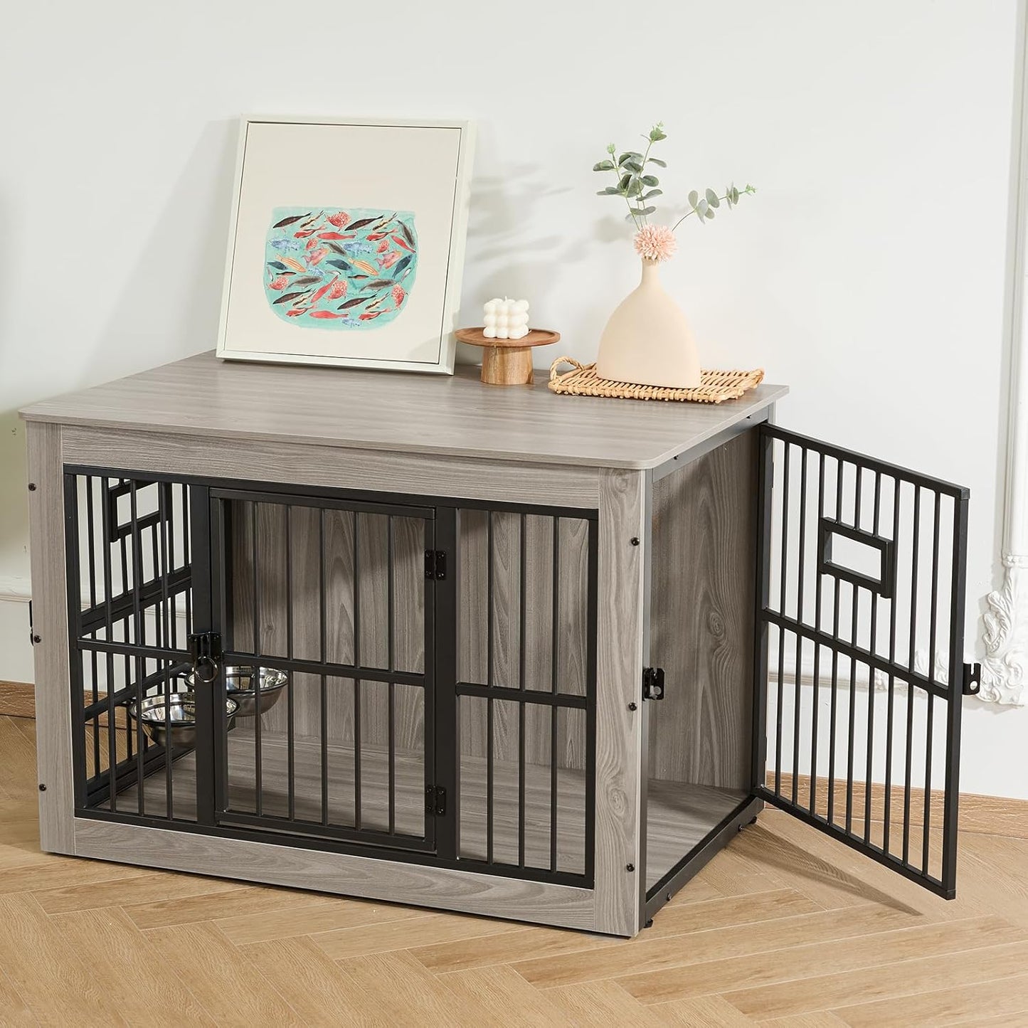 Gardner Pet Dog Crate Furniture for Medium Dogs, 38.8 Inch Dog Kennel Indoor, Wooden Dog Cage End Table with 2 Removable Bowls, Heavy Duty Dog Crate, Rustic Grey