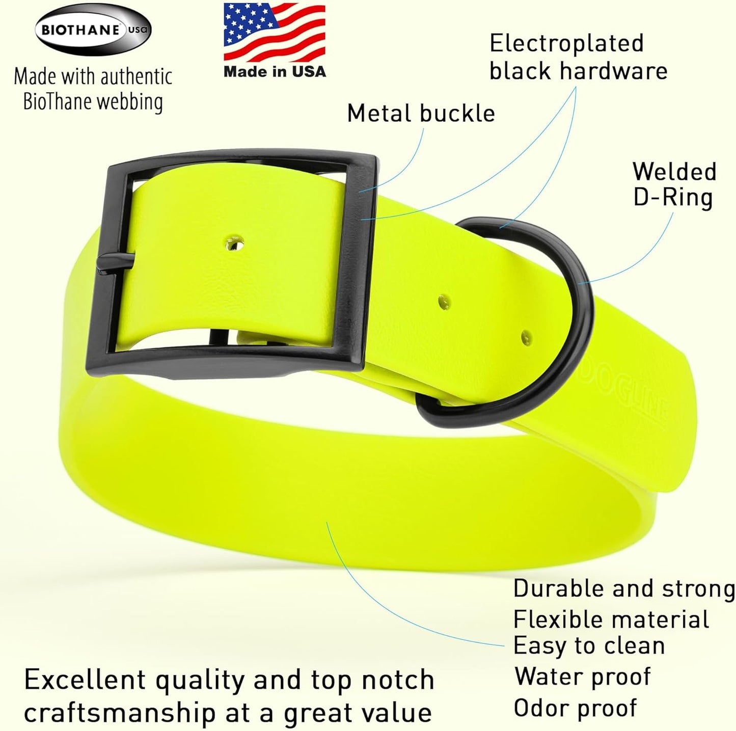 Dogline Biothane Waterproof Dog Collar Strong Coated Nylon Webbing with Black Hardware Odor- Proof for Easy Care Easy to Clean High Performance Fits Small Medium or Large Dogs, Safety Yellow