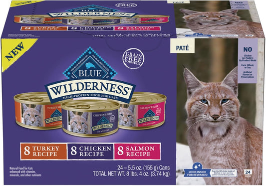 Blue Buffalo Wilderness High Protein, Natural Adult Pate Wet Cat Food Variety Pack, Chicken, Salmon, Turkey 5.5-oz can (24 count - 8 of Each Flavor)