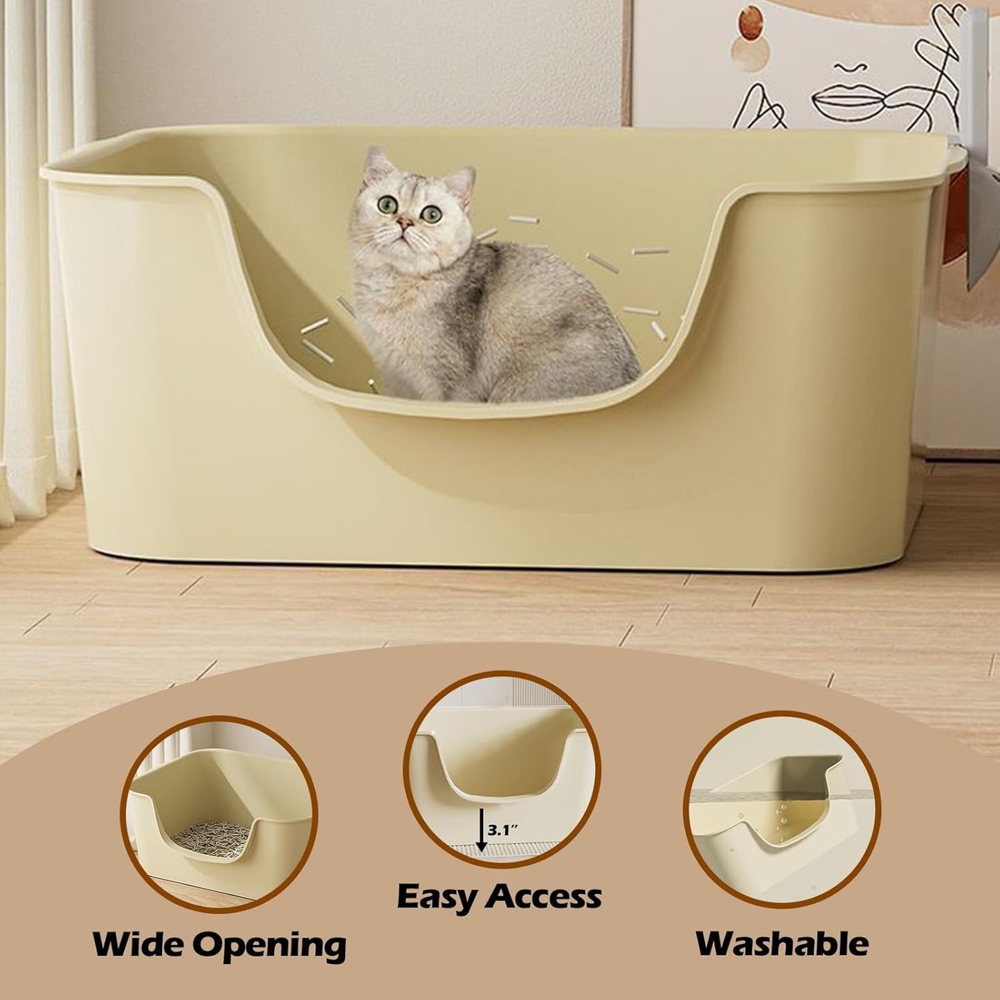 Small Cat Litter Box with High Sides,Cat Boxes for Indoor Cats,Cat Litter Pan for Kitty,Litter Box with Low Entry,Easy to Clean,Anti-Splashing (Beige)