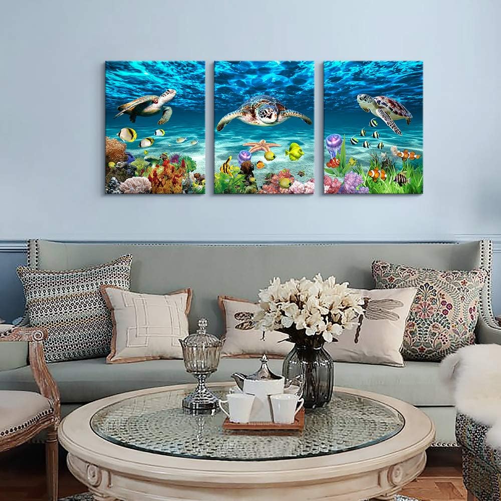 Canvas Wall Art for Living Room Large Size Wall decor for Bedroom Modern Bathroom Wall Decoration blue Ocean Wall Painting Sea Turtle Wall Pictures Ready to Hang Office Artwork 20" x 28" 3 Piece