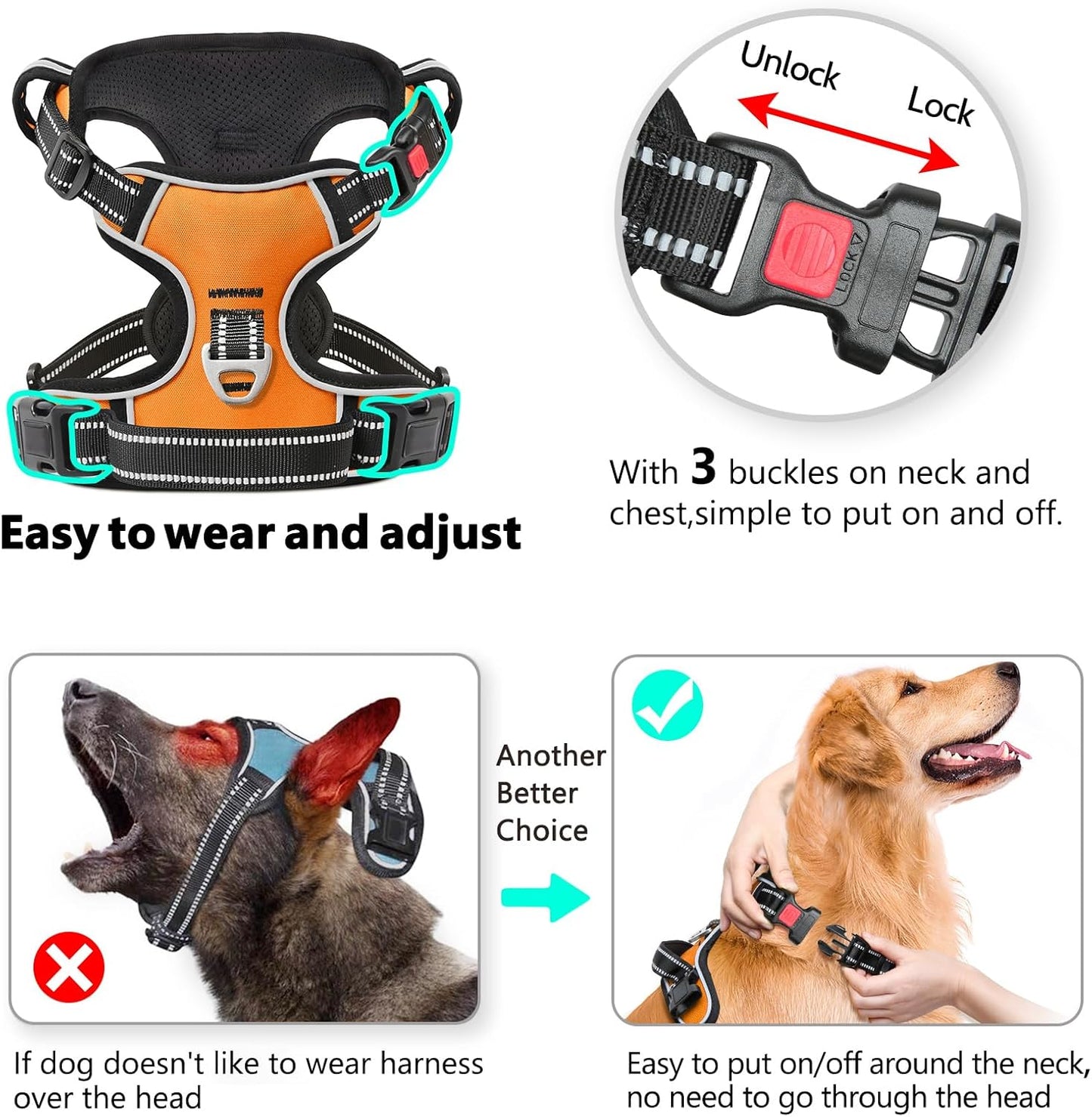 Timos Dog Harness Large Sized, No Pull with Neck Lockable Snap,No Choke Front Clip Dog Reflective Harness,Adjustable Metal Rings 3 Buckles,Easy Control Handle for Large Dogs Orange XL