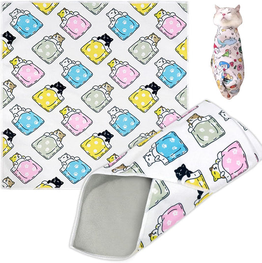 Cat Grooming Wrap, Cat Wrap Self-Adherent, Anti-Scratch Anti-Bite, Anti-Escape Grooming Bag for Cats Nail Clipping, Ear Cleaning, and Teeth Brushing (19.7 × 19.7" Cat Prints)