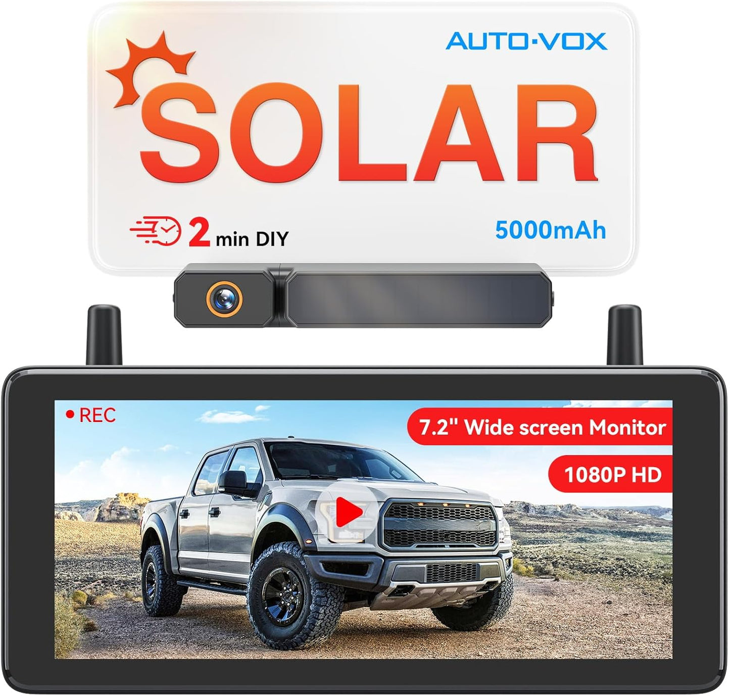 AUTO-VOX 7.2" DVR Portable Solar Wireless Backup Camera:HD 1080P 2 Min Quick Installation Support 2 Split Screen Back up Camera, IP69K Waterproof Reverse Camera for Car, Van, SUV, Truck, Trailer