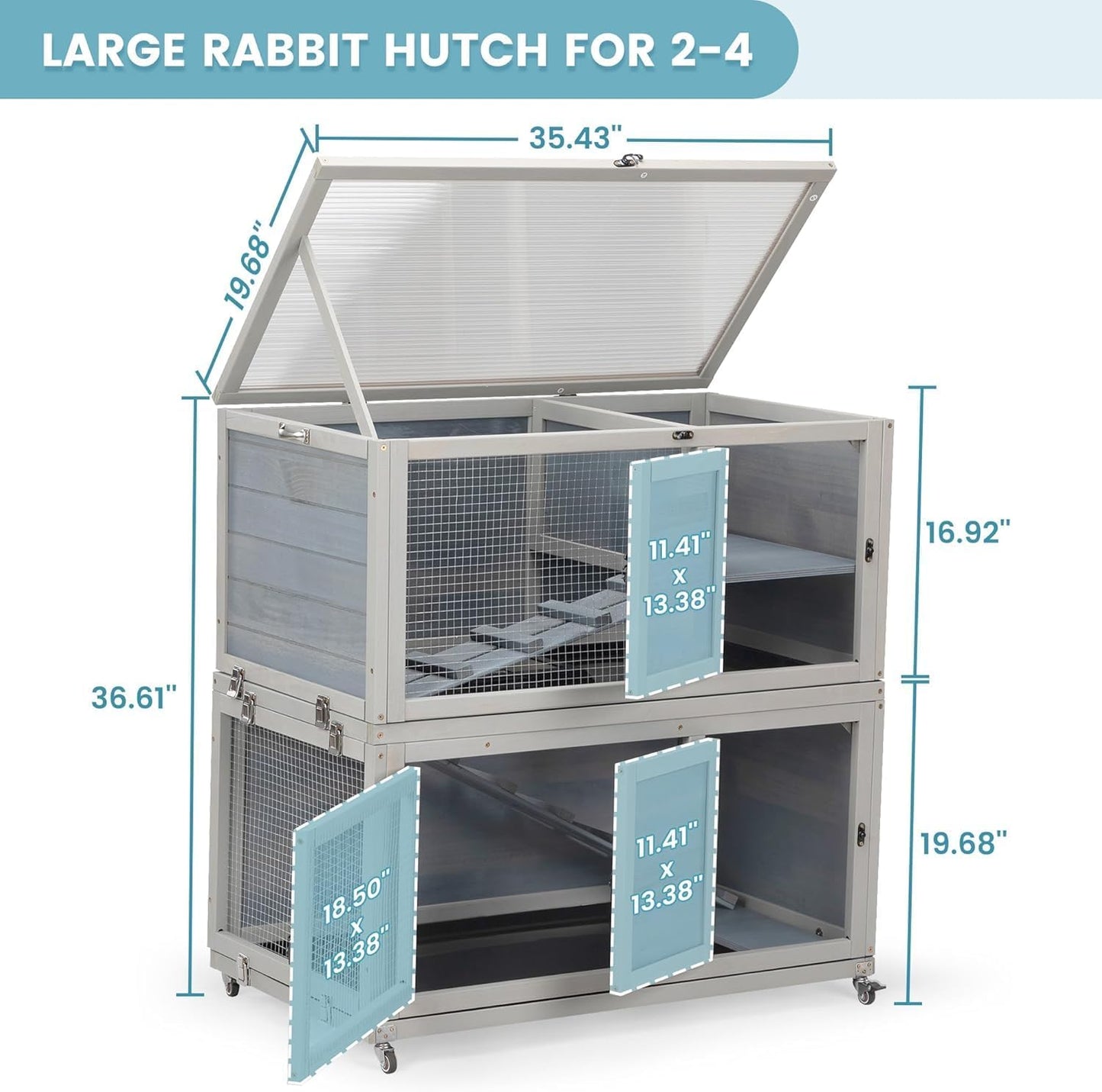 Weatherproof Wooden Rabbit Hutch for Indoor Outdoor Use, 2 Story Bunny Cage House with Wheels, Small Animal Shelter with Pull Out Tray, Non-Slip Ramp, Chicken Coop, Pet House Guinea Pigs Quail