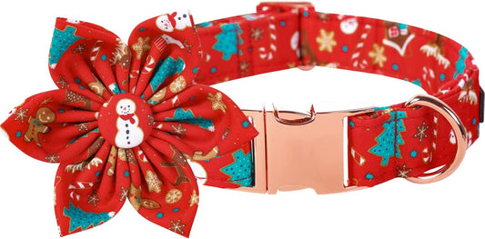 Lionet Paws Christmas Dog Collar with Flower, Dog Flower Collar with Metal Buckle for Dogs and Cats, Adjustable Comfortable Dog Collar Girl Gift, S, Neck 10-16 in