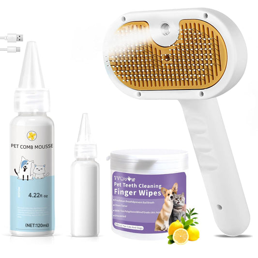 Cat Steam Brush, Pet Steam Brush for Cat & Dog, Mist Spray Comb, Spritz Defur Tool, Water Grooming Kit, Dog Hair Removal Steam Cleaner with Release Button Contains 1*Shampoo, Dental Wipes